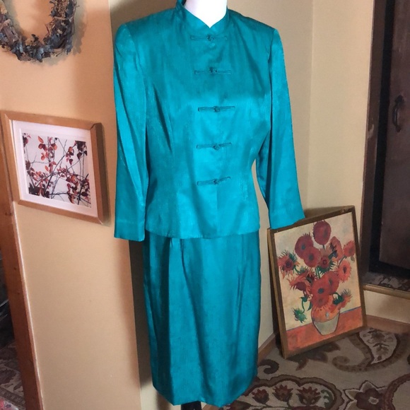 Vtg Y2K ADRIANNA PAPELL Size 12 Safe Silk Emerald 100% Silk Skirted Suit Asian - Picture 10 of 16